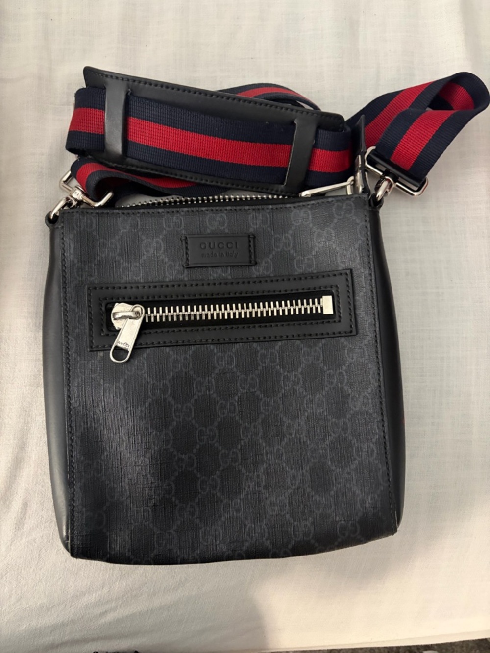 Gucci Black GG Canvas Messenger Bag with Red & Blue Web Strap